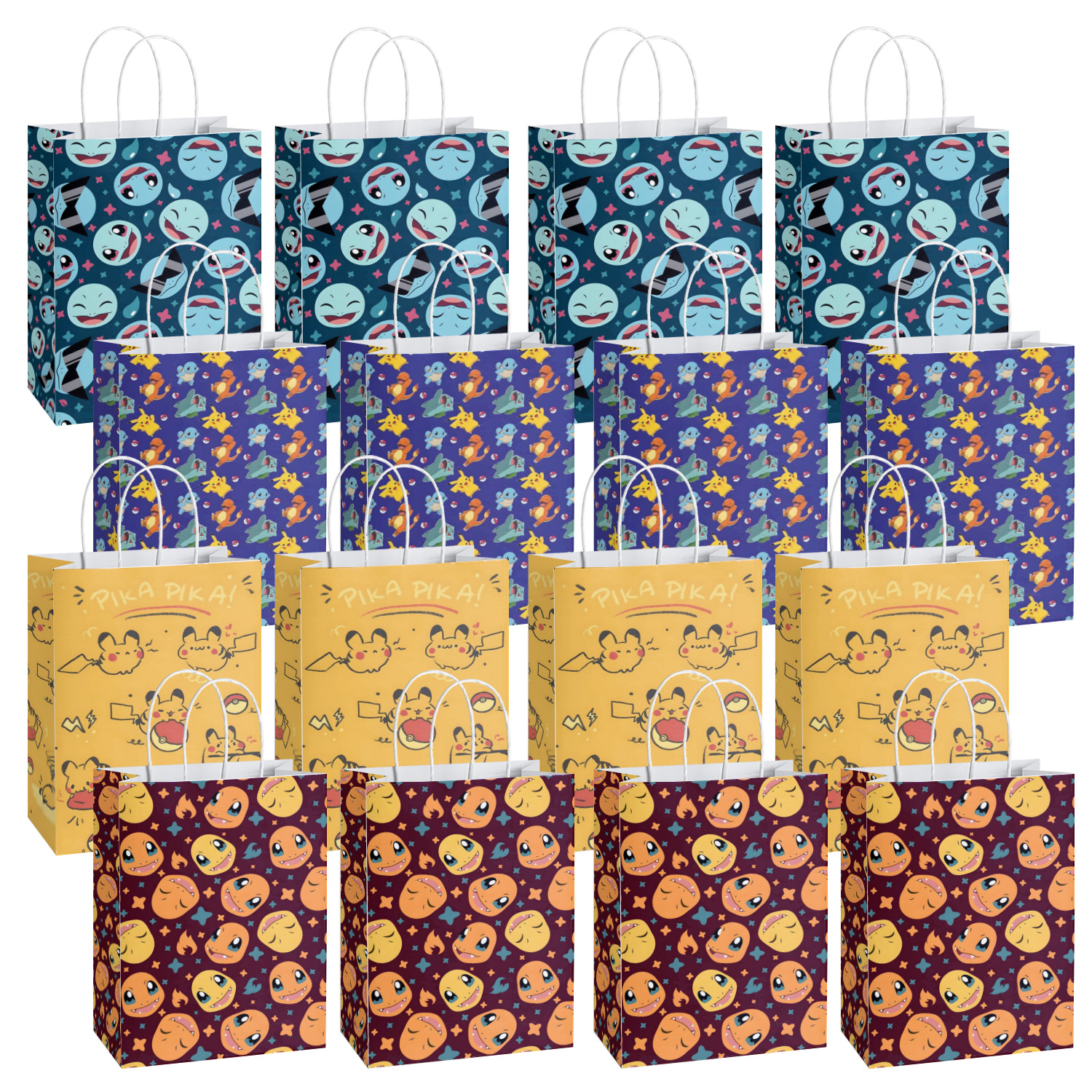 SALQGBUW-Pokemon 16 Pcs Party Paper Gift Bags – Cute Cartoon Favor Bags for Kids' Birthday, Baby Shower, Classroom Treats, and Party Supplies for Boys and Girls